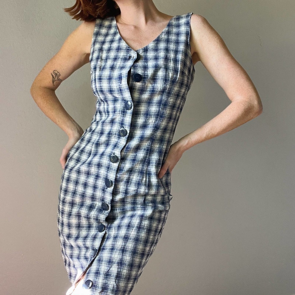 Vintage 1990s Blue Plaid Button Up Sleeveless Fitted Mini Dress - Picture 2 of 5